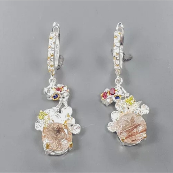 Stunning Rutilated Quartz Peridot Ruby& Sapphire Floral chandelier earrings - Picture 5 of 13